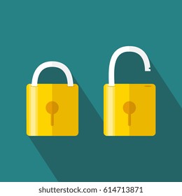 Lock icon, isolated on colored background. Vector. Opened and closed locks. Flat style. Concept of password, blocking, security. 