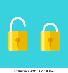 Lock icon, isolated on colored background. Vector. Opened and closed locks. Flat style. Concept of password, blocking, security. 