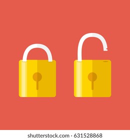 Lock icon, isolated on colored background. Vector. Opened and closed locks. Flat style. Concept of password, blocking, security. 
