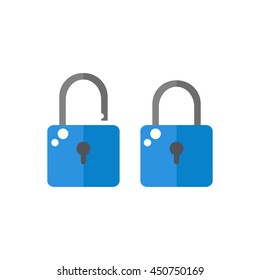 Lock icon isolated on white background. Open and closed lock. Security protection objects. Flat style vector illustration.