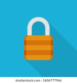 Lock icon with long shadow on blue background, flat design style