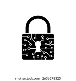 Lock icon with neural net on white background for cybersecurity concept