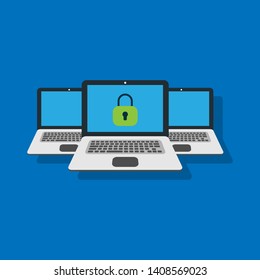 lock Icon on laptop Laptop.three notebooks with shadow and lock icon isolated on blue background.