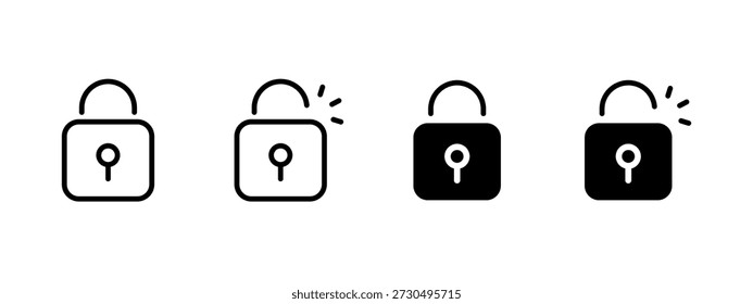 Lock icon. Open and closed padlock security symbols. Data protection, privacy and access control concept. Cyber security and safety sign. Secure login, password and authorization pictograms.