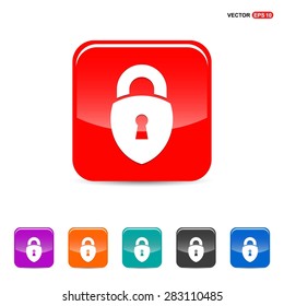 lock icon, padlock icon - abstract logo type icon - red, orange, turquoise, black and blue 3d button background. Vector illustration