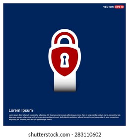 lock icon, padlock icon - abstract logo type icon - Red & white sticker icon on blue background presentation. Vector illustration