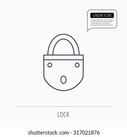 Lock icon. Padlock or protection sign. Password symbol. Linear outline icon. Speech bubble of dotted line. Vector