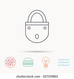 Lock icon. Padlock or protection sign. Password symbol. Global connect network, ocean wave and burger icons. Lightbulb lamp symbol.