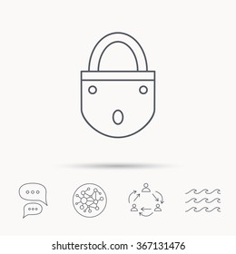 Lock icon. Padlock or protection sign. Password symbol. Global connect network, ocean wave and chat dialog icons. Teamwork symbol.