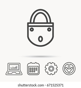 Lock icon. Padlock or protection sign. Password symbol. Notebook, Calendar and Cogwheel signs. Download arrow web icon. Vector