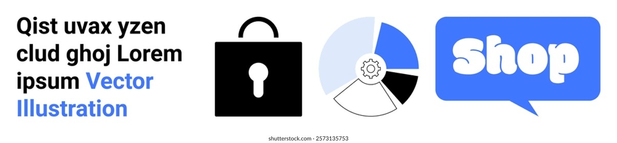 Lock icon, pie chart with cogwheel, and shop speech bubble, alongside sample text. Ideal for e-commerce, online security, data analysis, tech tutorials, and business presentations. Banner for landing