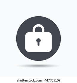 Lock icon. Privacy locker sign. Closed access symbol. Flat web button with icon on white background. Gray round pressbutton with shadow. Vector