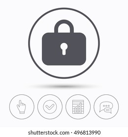 Lock icon. Privacy locker sign. Closed access symbol. Chat speech bubbles. Check tick, report chart and hand click. Linear icons. Vector