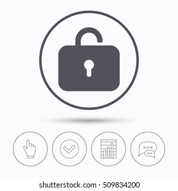 Lock icon. Privacy locker sign. Private access symbol. Chat speech bubbles. Check tick, report chart and hand click. Linear icons. Vector