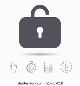 Lock icon. Privacy locker sign. Private access symbol. Stopwatch timer. Hand click, report chart and download arrow. Linear icons. Vector