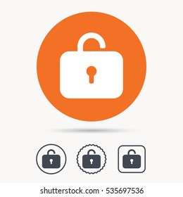 Lock icon. Privacy locker sign. Private access symbol. Orange circle button with web icon. Star and square design. Vector