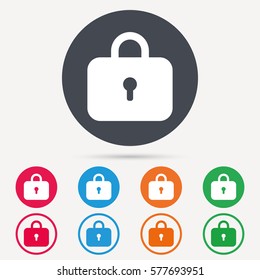 Lock icon. Privacy locker sign. Closed access symbol. Round circle buttons. Colored flat web icons. Vector