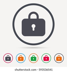 Lock icon. Privacy locker sign. Closed access symbol. Round circle buttons. Colored flat web icons. Vector