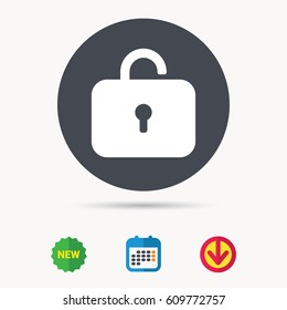 Lock icon. Privacy locker sign. Private access symbol. Calendar, download arrow and new tag signs. Colored flat web icons. Vector