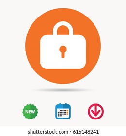 Lock icon. Privacy locker sign. Closed access symbol. Calendar, download arrow and new tag signs. Colored flat web icons. Vector