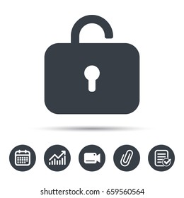Lock icon. Privacy locker sign. Private access symbol. Calendar, chart and checklist signs. Video camera and attach clip web icons. Vector