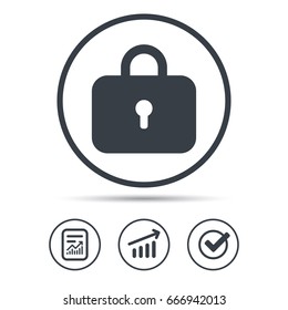 Lock icon. Privacy locker sign. Closed access symbol. Report document, Graph chart and Check signs. Circle web buttons. Vector