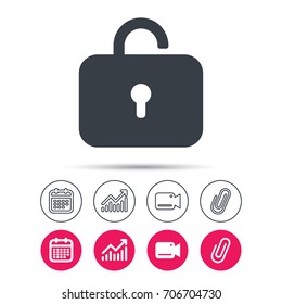 Lock icon. Privacy locker sign. Private access symbol. Statistics chart, calendar and video camera signs. Attachment clip web icons. Vector
