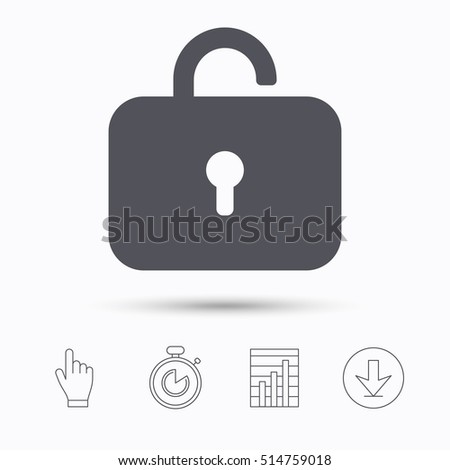 Lock icon. Privacy locker sign. Private access symbol. Stopwatch timer. Hand click, report chart and download arrow. Linear icons. Vector
