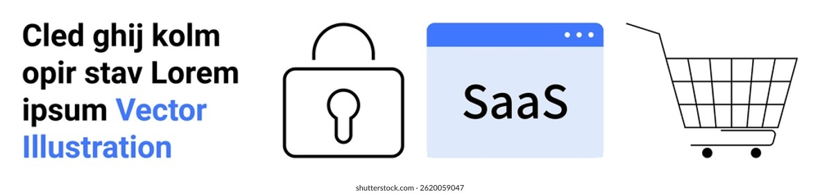 Ícone de cadeado representando segurança, janela do navegador SaaS para serviços de software e um carrinho de compras para integração de comércio eletrônico. Ideal para segurança, SaaS, e-commerce, tecnologia, serviços on-line, negócios