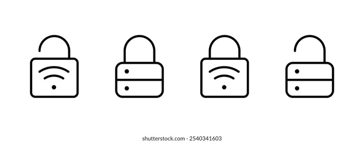 Lock icon. Security icon set. Cyber lock, unlock, password. Guard, shield, home security system icons. Eye access, electronic check, firewall. Internet protection, laptop password. Linear set. Vector