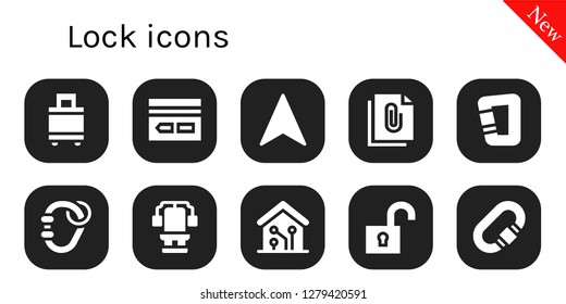  lock icon set. 10 filled lock icons. Simple modern icons about  - Suitcase, Key card, Navigation, File, Carabiner, Chest, Smart home, Unlock