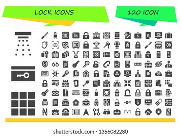 lock icon set. 120 filled lock icons.  Collection Of - Smoke detector, Keypad, Key, File, Suitcase, Safe box, Ssl, Unlocked, Chest, Password, Briefcase, Locked, Antivirus, Carabiner