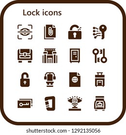  lock icon set. 16 filled lock icons. Simple modern icons about  - Eye scan, File, Unlocked, Electronic key, Chest, Prison, Locker, Encryption, Unlock, Suitcase, Key, Carabiner