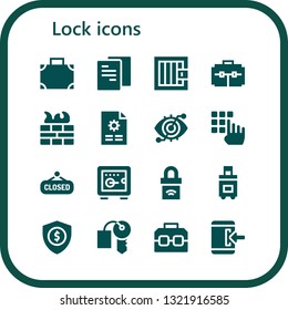 lock icon set. 16 filled lock icons.  Collection Of - Suitcase, File, Jail, Firewall, Eye scan, Password, Closed, Safebox, Padlock, Security, Hotel key, Case, Login
