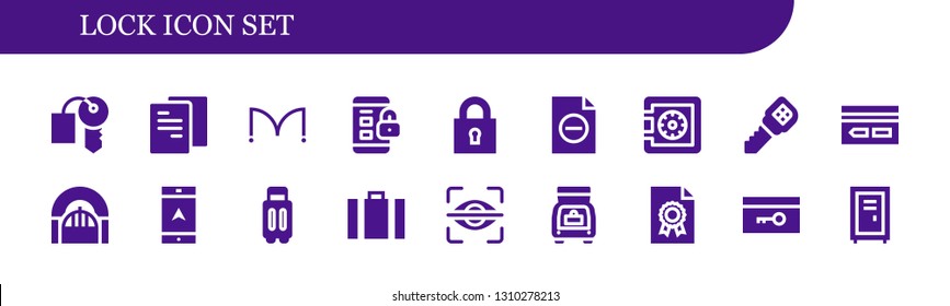 lock icon set. 18 filled lock icons.  Simple modern icons about  - Hotel key, File, Doors, Padlock, Lock, Safe, Key, Key card, Door, Navigation, Suitcase, Eye scan, Trunk, Locker
