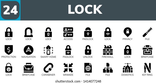 lock icon set. 24 filled lock icons.  Collection Of - Lock, Access, Padlock, Privacy, File, Protection, Navigation, Smart home, Unlock, Firewall, Briefcase, Carabiner, Minimize