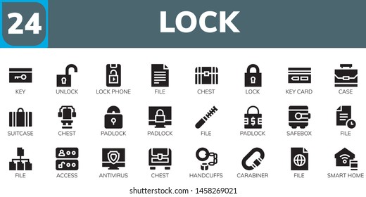 lock icon set. 24 filled lock icons.  Collection Of - Key, Unlock, Lock phone, File, Chest, Key card, Case, Suitcase, Padlock, Safebox, Access, Antivirus, Handcuffs, Carabiner