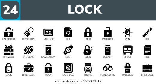 lock icon set. 24 filled lock icons.  Simple modern icons about  - Unlocked, Key chain, Safebox, File, Lock, Padlock, Vpn, Firewall, Eye scan, Navigation, Belt, Locker, Chest