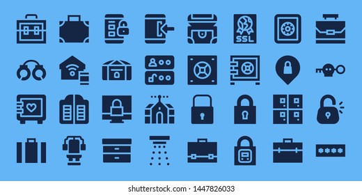 lock icon set. 32 filled lock icons. on blue background style Simple modern icons about  - Suitcase, Handcuffs, Strongbox, Smart home, Doors, Chest, Padlock, Filing, Login, Access