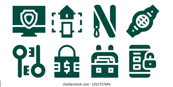 lock icon set. 8 filled lock icons.  Simple modern icons about  - Encryption, Antivirus, Padlock, Smart home, Case, Key ring, Belt