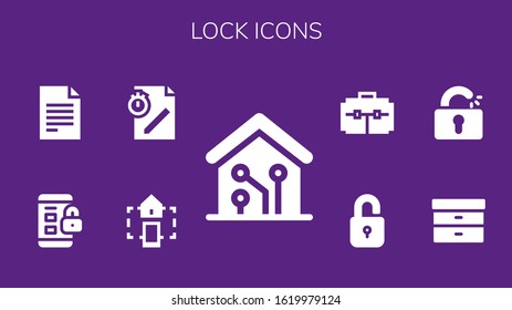 lock icon set. 9 filled lock icons.  Simple modern icons such as: Smart home, File, Padlock, Filing, Unlocked, Unlock, Suitcase