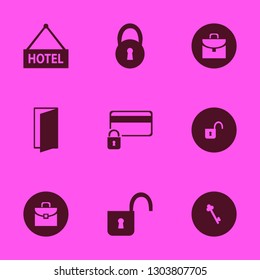 lock icon set with briefcase, open lock and hotel vector illustration