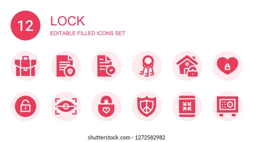 lock icon set. Collection of 12 filled lock icons included Briefcase, File, Keys, Lock, Unlock, Eye scan, Padlock, Protect, Minimize, Safebox