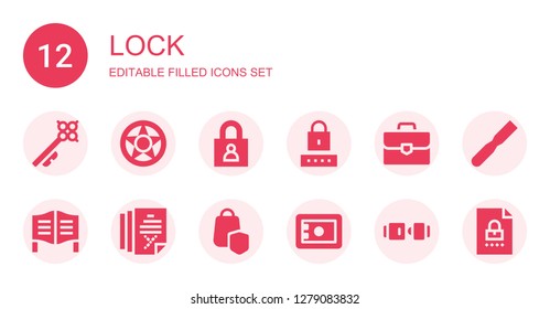 lock icon set. Collection of 12 filled lock icons included Key, Data protection, Login, Password, Briefcase, Door, File, Secure shopping, Safebox, Seat belt
