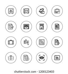 Lock icon set. collection of 16 outline lock icons with briefcase, chest, eye scan, file, key, jail, rss, safe box, ssl, safety box icons.