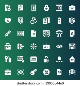 lock icon set. Collection of 36 filled lock icons included Door, File, Padlock, Key, Eye scan, Briefcase, Smart home, Password, Https, Keys, Treasure, ID, Navigation, Login, Unlocked