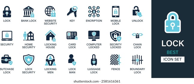 Lock icon set collection. Bank lock, website security, key, encryption, mobile lock, unlock, security, chain, card, fence, locking and best solid icon set.