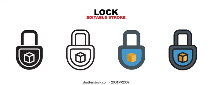 Lock icon set with different styles. Icons designed in filled, outline, flat, glyph and line colored. Editable stroke and pixel perfect. Can be used for web, mobile, ui and more.