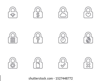 Lock Icon Set. Dollar, Cloud, Love, Fingerprint, Combination, Question, Time, Settings, Document, Check, Wrong Password icons