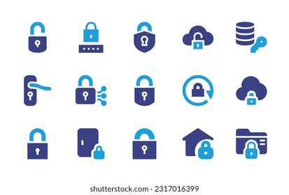 Lock icon set. Duotone color. Vector illustration. Containing lock, password, padlock, cloud, data encryption, door handle, cyber security, rotate, security, home security, folder.